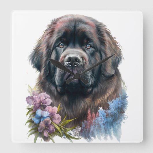 GROTE ZWARTE WATERVERF NEWFOUNDLAND DOG VIERKANTE KLOK (Voorkant)