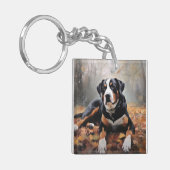 Grote Zwitserse Berghond in herfstbladeren vallen Sleutelhanger (Voorkant Links)