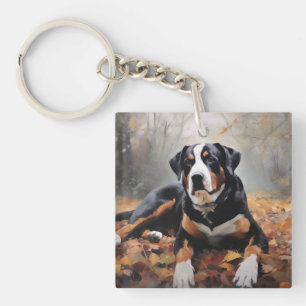 Grote Zwitserse Berghond in herfstbladeren vallen Sleutelhanger