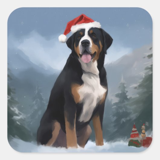 Grote Zwitserse Berghond in Sneeuw Kerstmis Vierkante Sticker (Voorkant)