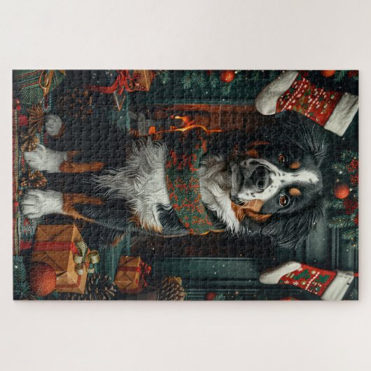 Grote Zwitserse hond met kerstcadeaus open haard Legpuzzel (Horizontaal)