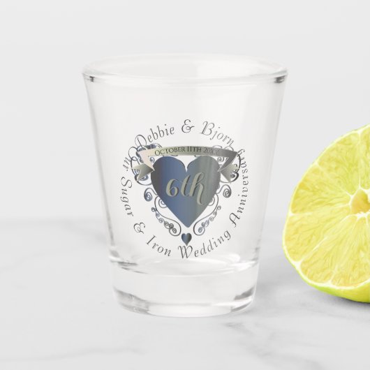 Groter"Ons 6e Suiker & IJzer Jubileum"3D Hart Shot Glas (Voorkant)