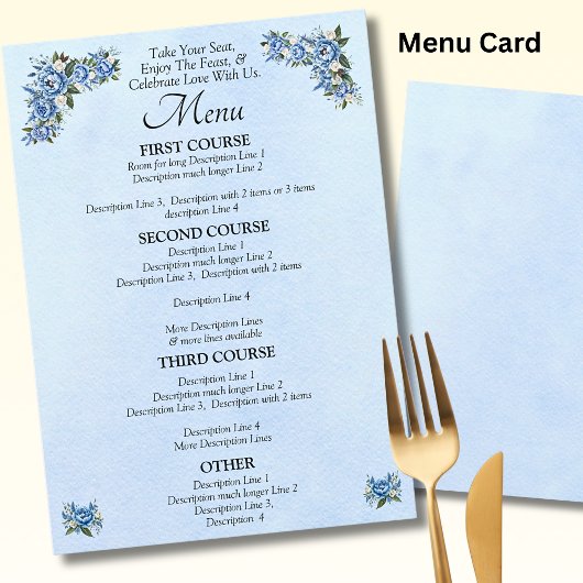 Grotere Menu Kaart - Blue Peony Wedding Set