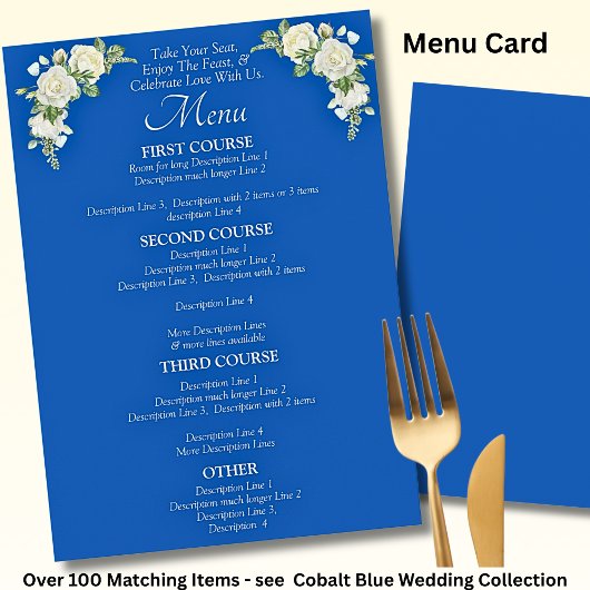 Grotere Menu Kaart - Kobalt Blauw & Wit Rozen