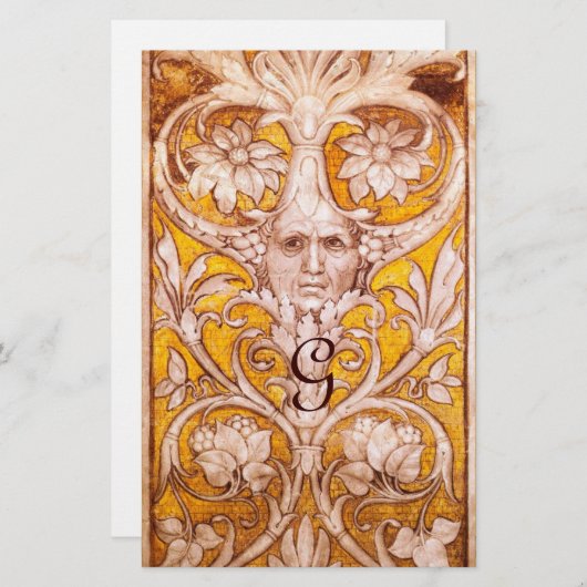 GROTESK GEZICHT MET GOUDEN BLOEMENPERKAMENT MONOGR BRIEFPAPIER (Voorkant / Achterkant)