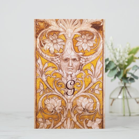 GROTESK GEZICHT MET GOUDEN BLOEMENPERKAMENT MONOGR BRIEFPAPIER (Staand voorkant)