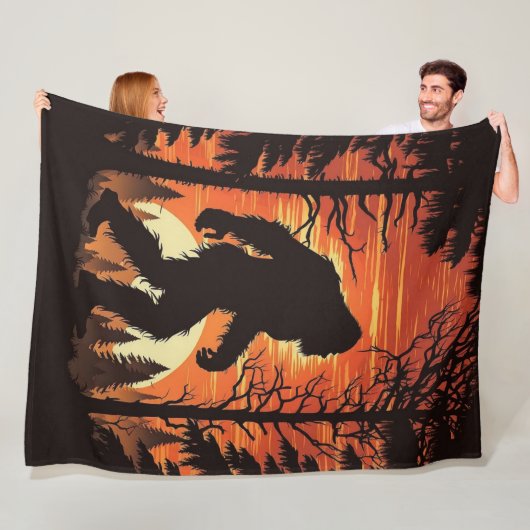Grotevoet Sasquatch Bos Zonsondergang Fleece Deken (In situ)