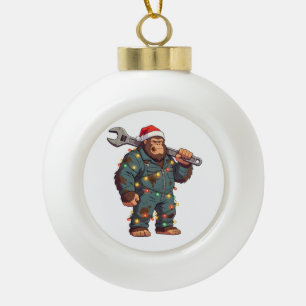 Grotevoet Sasquatch monteur Kerstmis Blauw shirt Keramische Bal Ornament