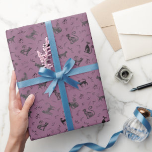 Grottenkunstkatten op grijze magenta inpakpapier