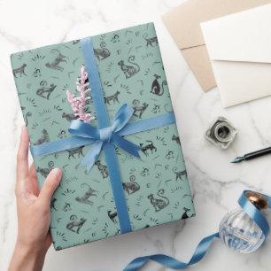 Grottenkunstkatten op lichtgrijs turquoise cadeaupapier