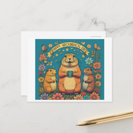 Groundhog Day Een Feest van Lente Briefkaart (Voorkant / Achterkant in situ)
