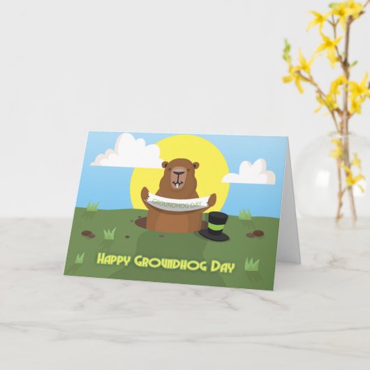 Groundhog day wenskaart met groundhog holding kaart (Gele Bloem)
