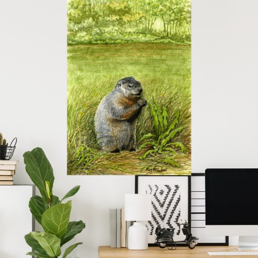 Groundhog in het gras poster (Thuiskantoor)
