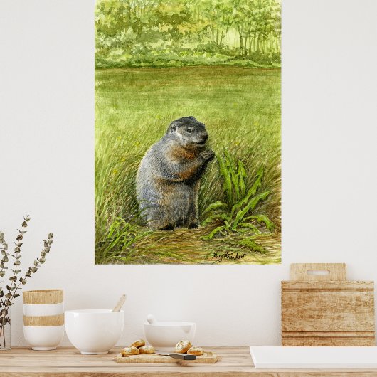 Groundhog in het gras poster (Keuken)