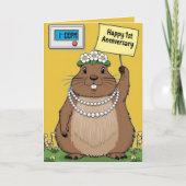 Groundhog met geel bord 1e verjaardag kaart (Voorkant)