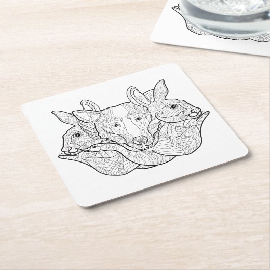 Group Animal Doodle Kartonnen Onderzetters (Schuin)