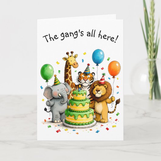 Group Birthday Whimsical Animals in Party Hats Kaart (Voorkant)