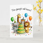 Group Birthday Whimsical Animals in Party Hats Kaart (Gele Bloem)