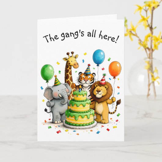 Group Birthday Whimsical Animals in Party Hats Kaart (Gele Bloem)