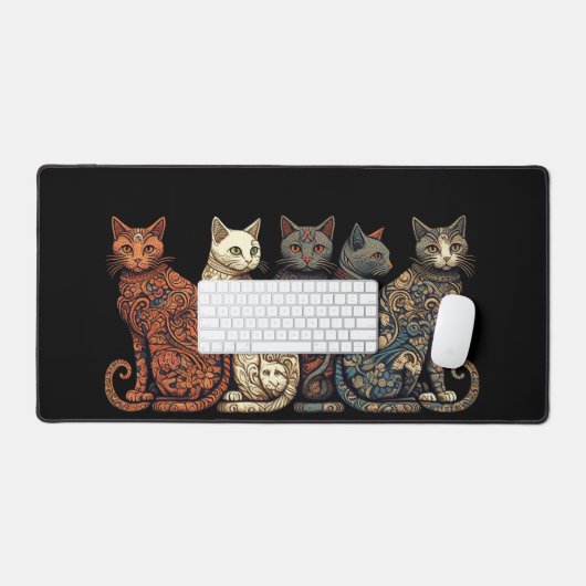 Group of Cats in Victorian Wallpaper Style Bureaumat (Keyboard & Muis)
