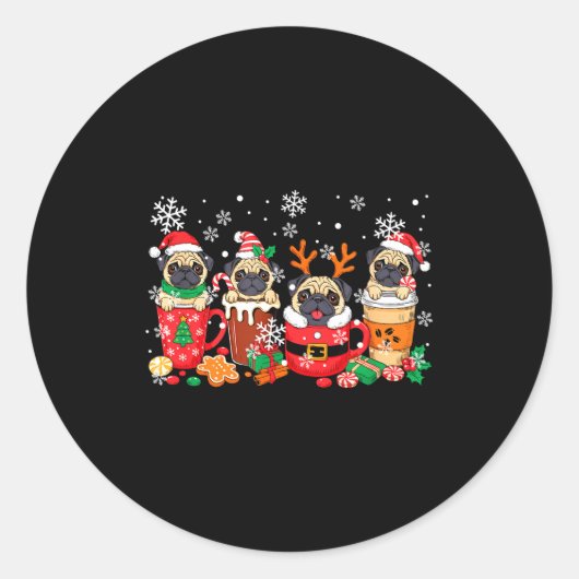 Group Santa Reindeer Pugs In Coffee C Christmas  Ronde Sticker (Voorkant)