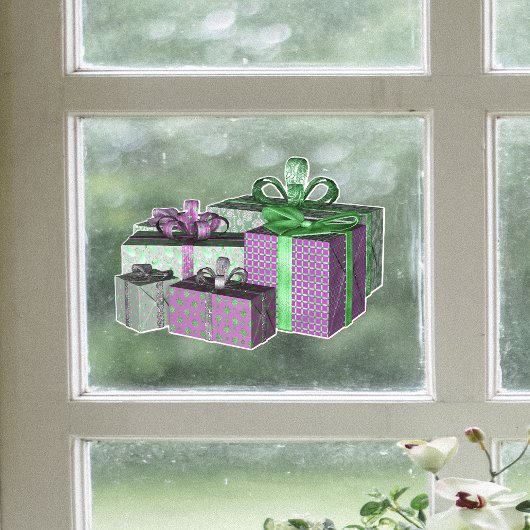 Group Shiny Wrapped Christmas Present Green Purple Raamsticker