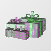 Group Shiny Wrapped Christmas Present Green Purple Raamsticker (Vel)