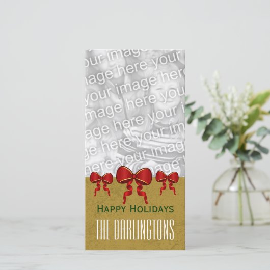 GROUPON Rode Bogen en Goud Vrolijk Kerstfeest V11 Feestdagenkaart (Staand voorkant)