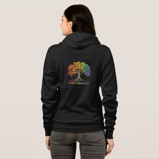 "Grow through life" Hoodie met volledige rits. (Achterkant volledig)