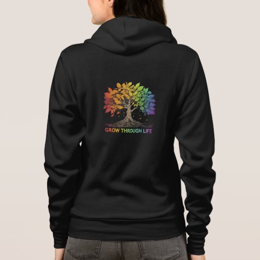 "Grow through life" Hoodie met volledige rits. (Achterkant)