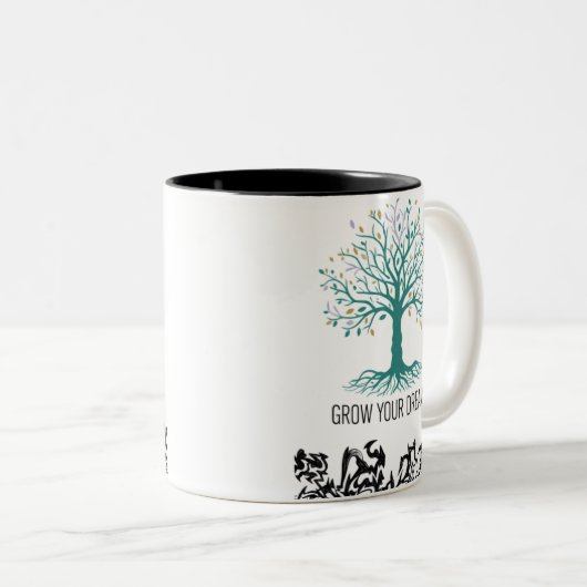 Grow Your Dreams Mug – Follow Your Dreams Inspirat Tweekleurige Koffiemok (Voorkant rechts)