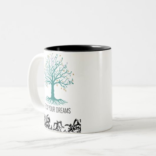 Grow Your Dreams Mug – Follow Your Dreams Inspirat Tweekleurige Koffiemok (Voorkant links)