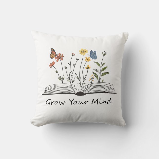 Grow Your Mind Bloem Boek T-Shirt Kussen (Voorkant)