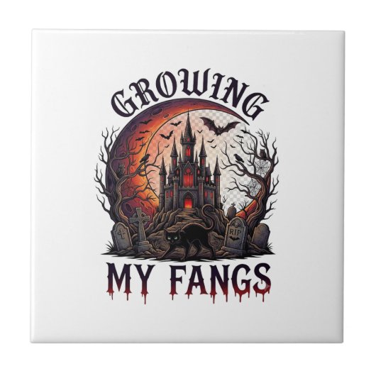 Growing Fangs Halloween Geheime Kasteel Zwarte Kat Tegeltje (Voorkant)