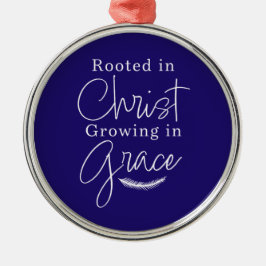 Growing in Grace Blue and White Round Christmas Metalen Ornament