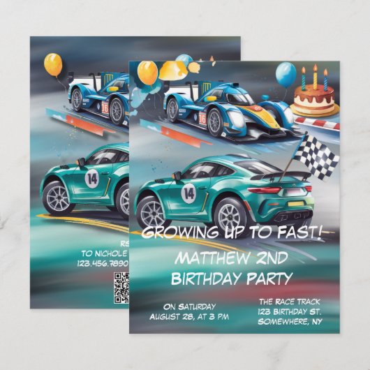 Growing Up To Fast Boy Birthday Party Invitation RSVP Kaartje (Voorkant / Achterkant)