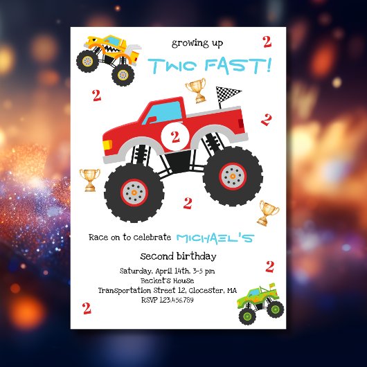 Growing up two fast monster trucks boy birthday kaart