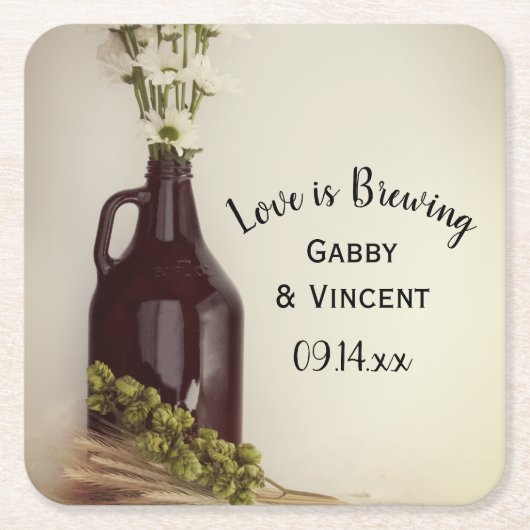 Growler, Hops en Daisies Brewery Wedding Square P Kartonnen Onderzetters (Voorkant)