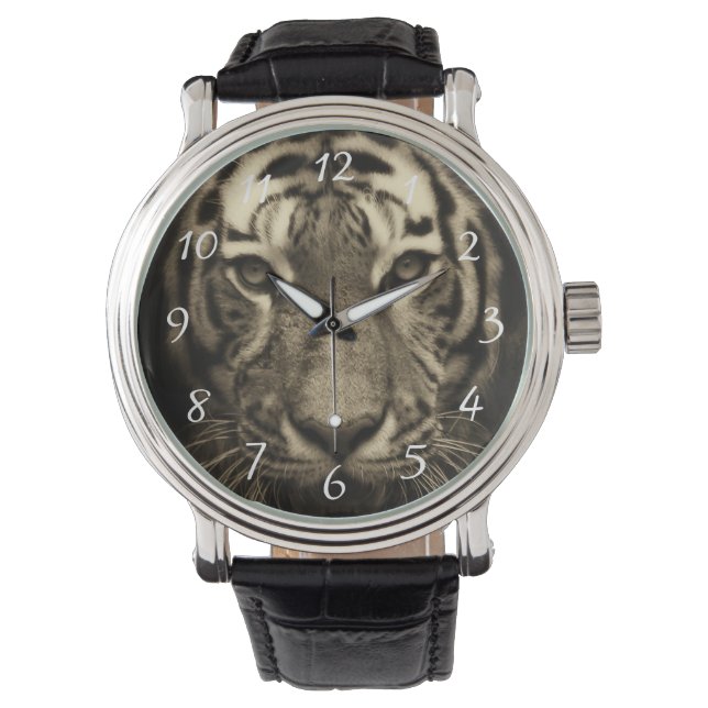 Growling Tiger Face in Sepia Tones Horloge (Voorkant)