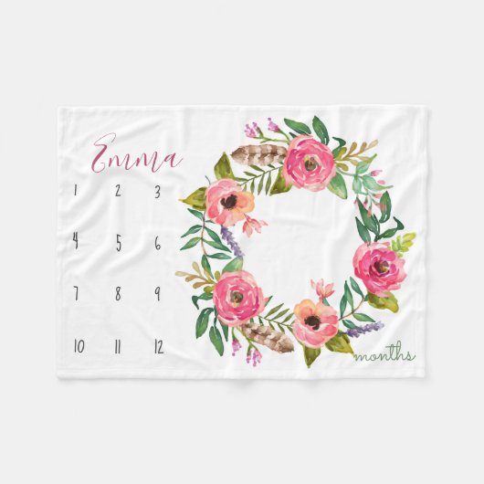 Growth tracker - Mijlpaal - waterverf bloemen Fleece Deken (Voorkant (Horizontaal))