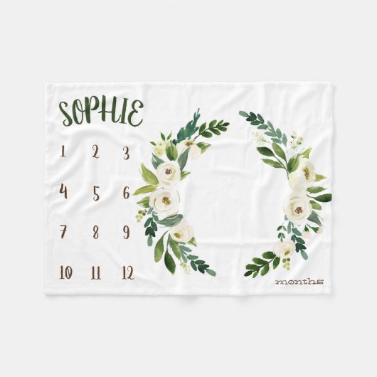 Growth tracker - Witte bloemen takken Milestone Fleece Deken (Voorkant (Horizontaal))