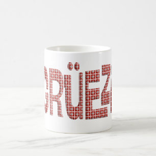 Grüezi met een overlay van Zwitserse vlaggen. Koffiemok