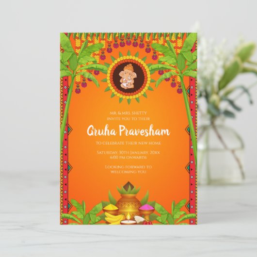 Gruhapravesham uitnodigen Indian Housewarming uitn Kaart (Staand voorkant)