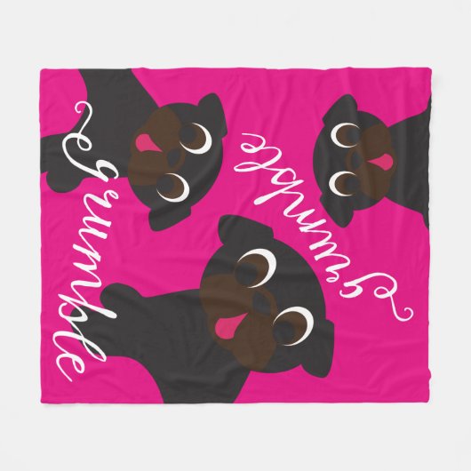 Grumble Black Pug Fleece Blanket Hot Pink (Voorkant (Horizontaal))