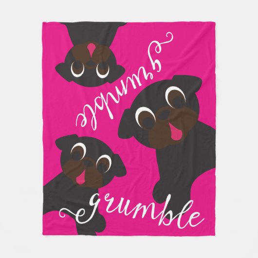Grumble Black Pug Fleece Blanket Hot Pink Deken (Voorkant)