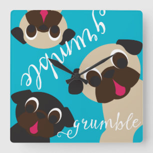 Grumble Pug Wall Clock - 2 Fawn, 1 Black Vierkante Klok
