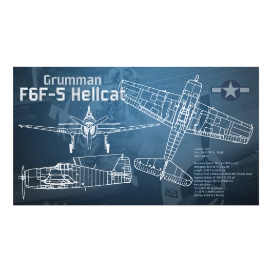 Grumman F6F Hellcat-blauwdruk Foto Afdruk (Voorkant)