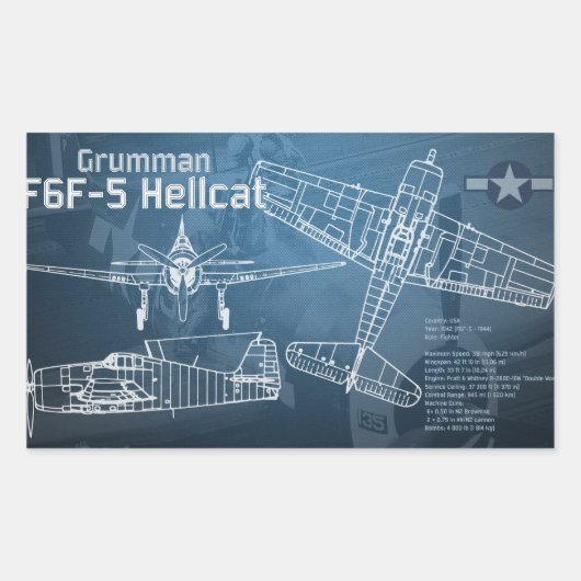 Grumman F6F Hellcat-blauwdruk Rechthoekige Sticker (Voorkant)