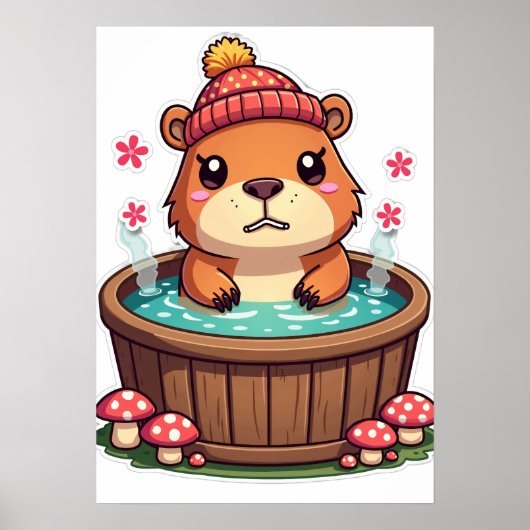 Grumperige Capybara Bubbelbad Kawaii Paddenstoel S Poster (Voorkant)