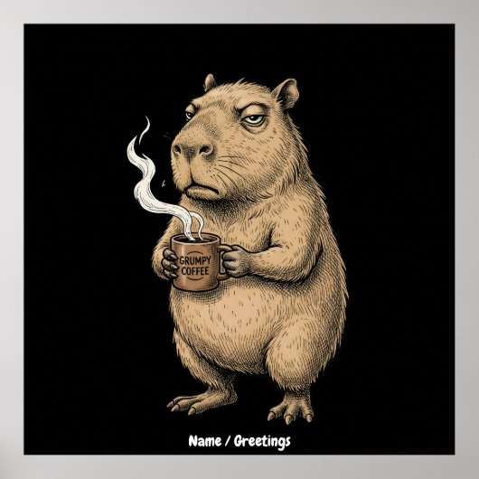 Grumperige Capybara Koffie Vintage Inkt Schets Poster (Voorkant)